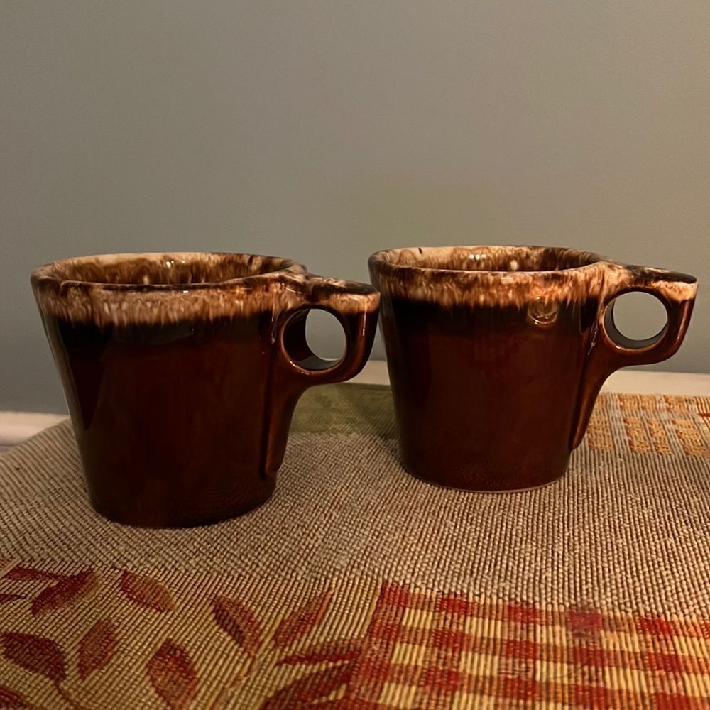 Hull Vintage Pottery Brown Drip Coffee Mugs with O ring handles Made in USA